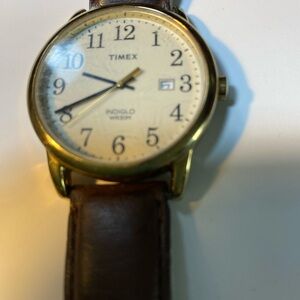 Timex Gold Case with Brown Leather Strap Watch